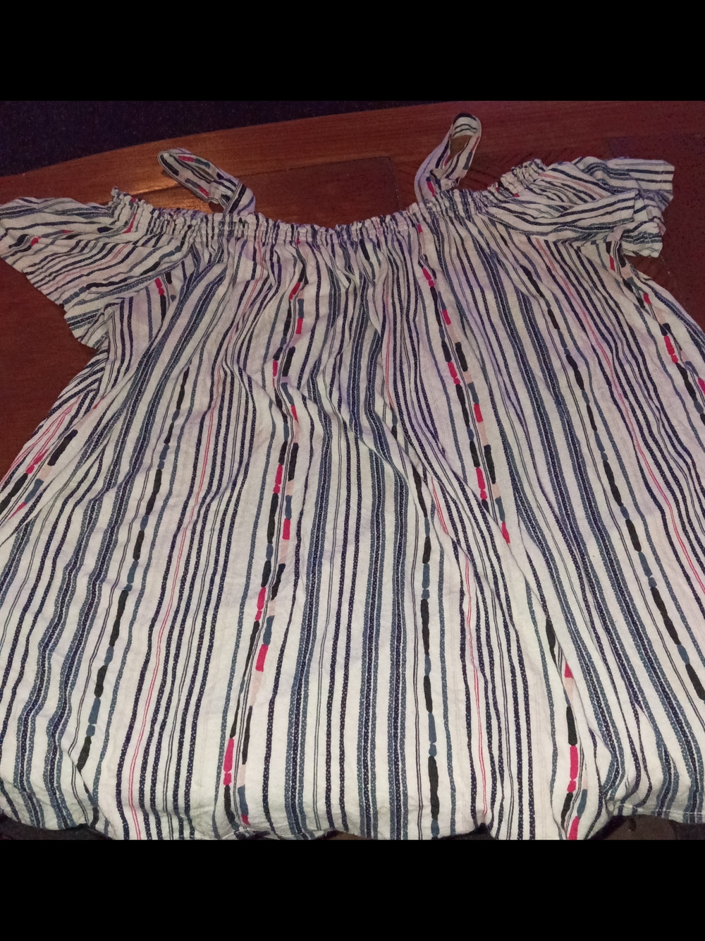 Time and Tru Navy, White & Pink Striped Off-Shoulder Top